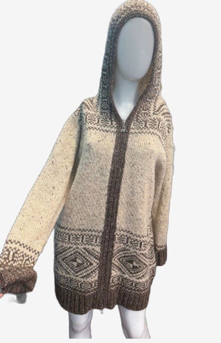 Aran Crafts Ireland Zip Front Hooded Wool Sweater tan Women’s Size Large